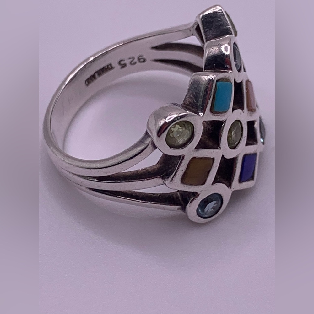 Vintage Sterling Silver Multi-Gemstone Inlaid Checkerboard Ring - Picture 10 of 12